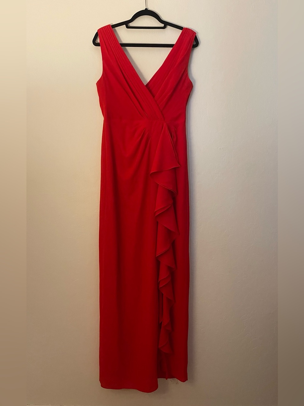 Aidan Mattox Red V-Neck Ruffle Column Gown